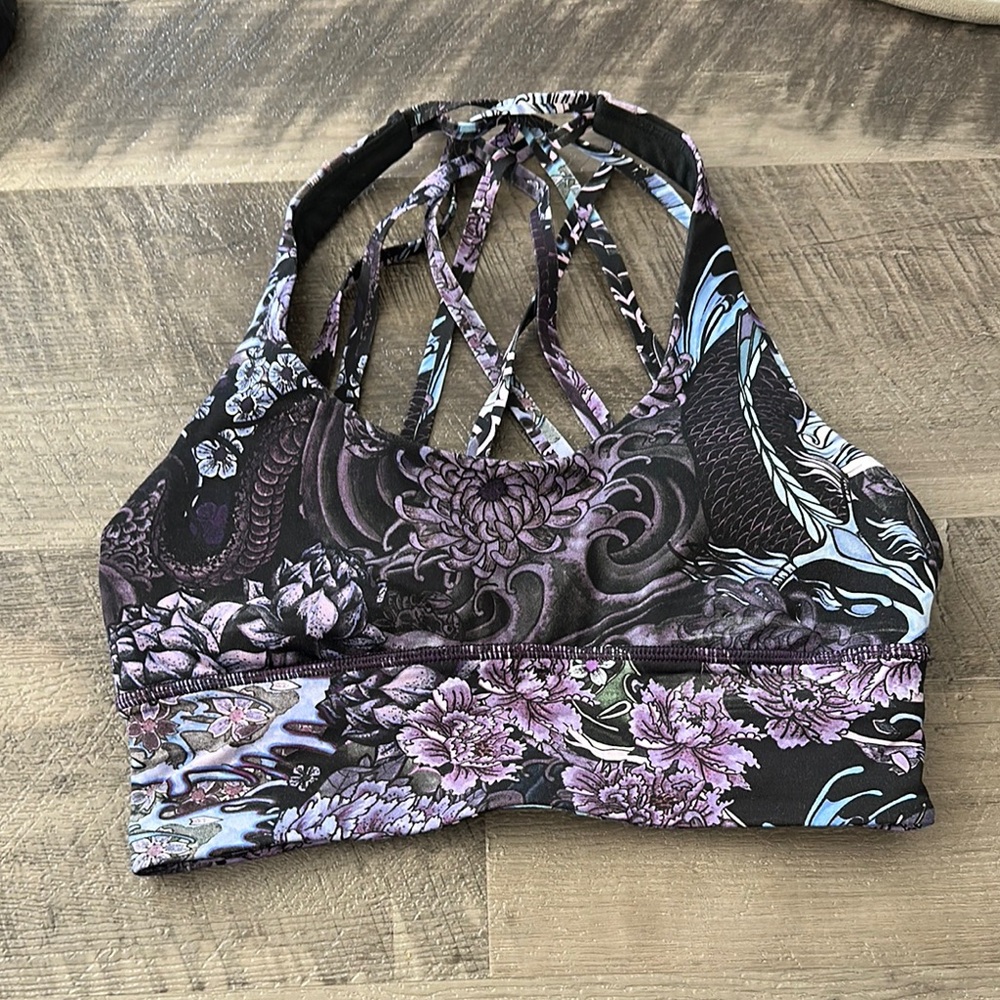 Floral Strappy Sports Bra - Purple and Black